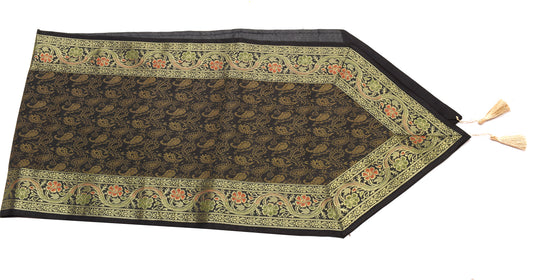 Black Indian Banarasi Silk Brocade Paisley Table Runner Dining Decor Cloth