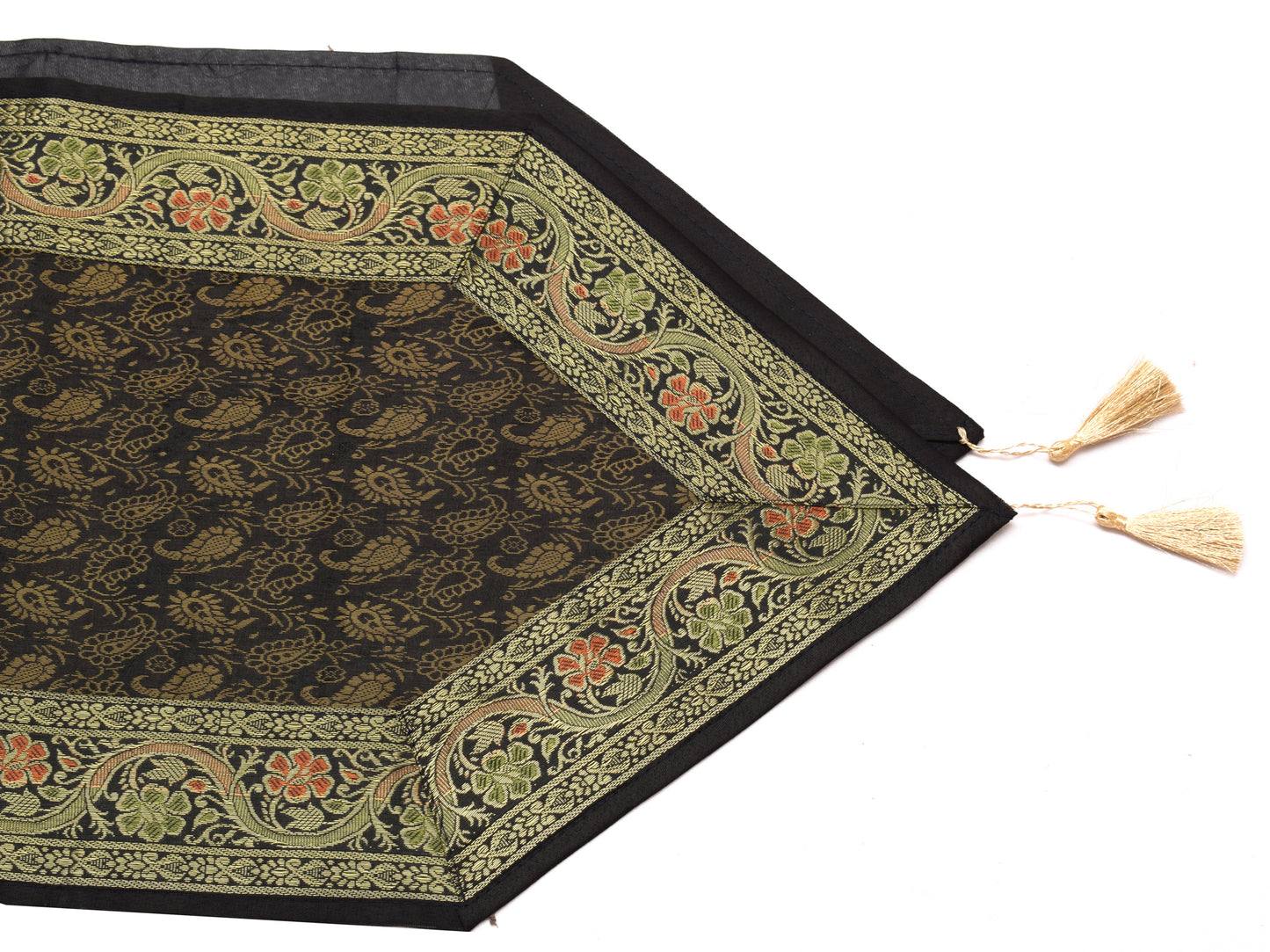 Black Indian Banarasi Silk Brocade Paisley Table Runner Dining Decor Cloth