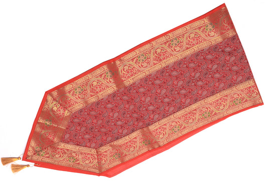 Maroon Table Runner Indian Banarasi Silk Brocade Paisley Dining Decor Cloth
