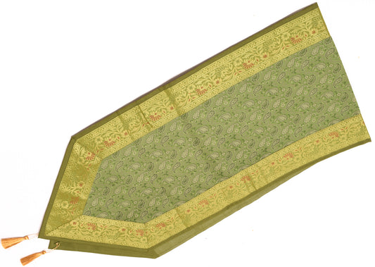 Table Runner Dining Decor Green Indian Banarasi Silk Brocade Paisley Cloth