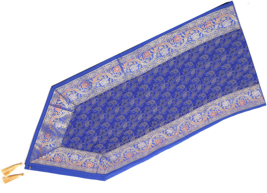Blue Table Runner Dining Decor Indian Banarasi Silk Brocade Paisley Gift Cloth
