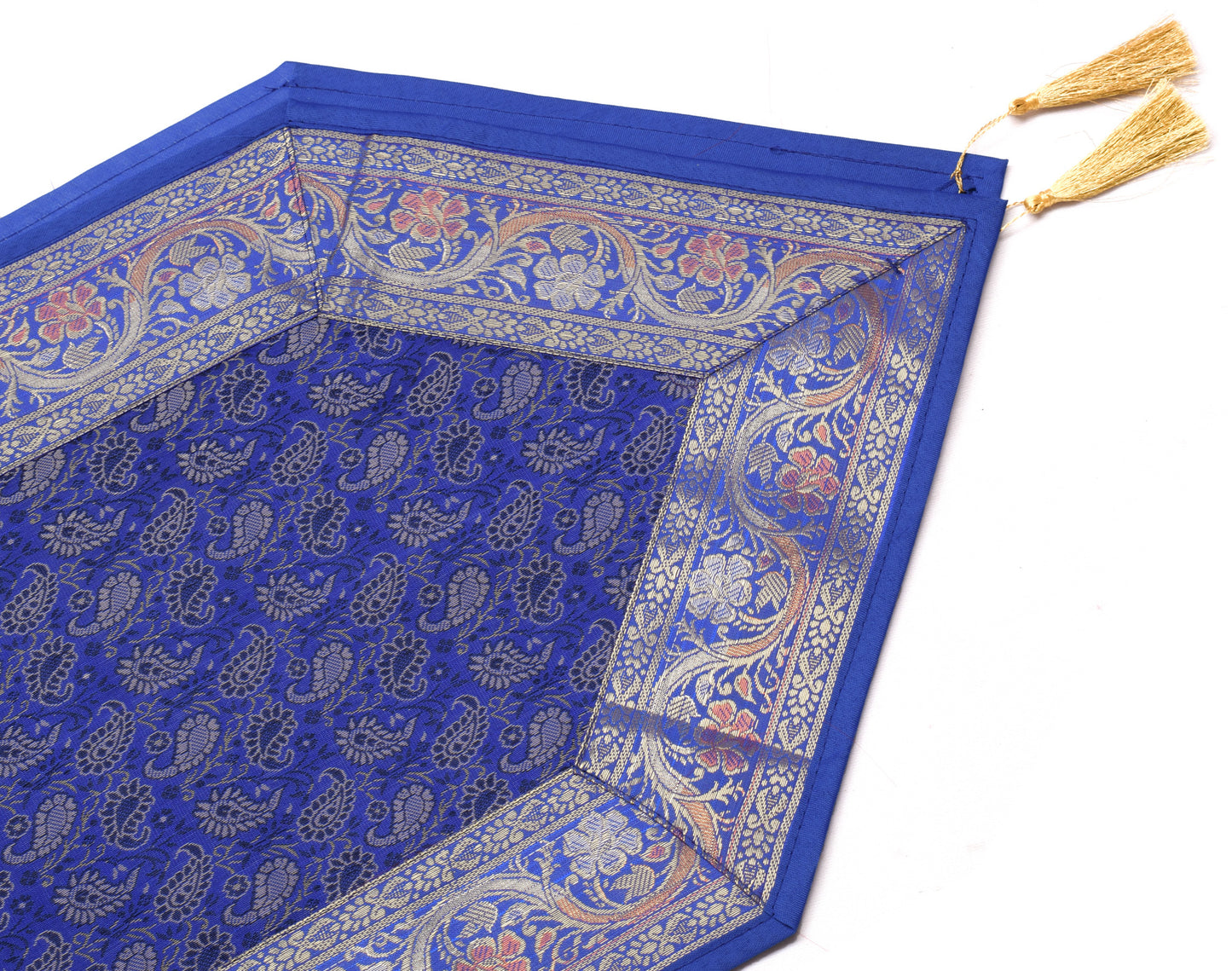 Blue Table Runner Dining Decor Indian Banarasi Silk Brocade Paisley Gift Cloth