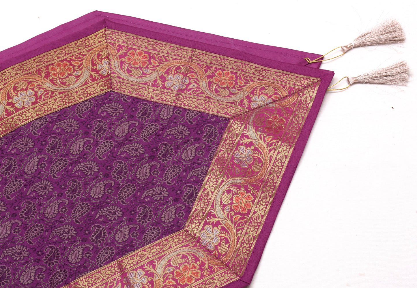 Purple Table Runner Indian Banarasi Silk Brocade Paisley Dining Decor Gift Cloth