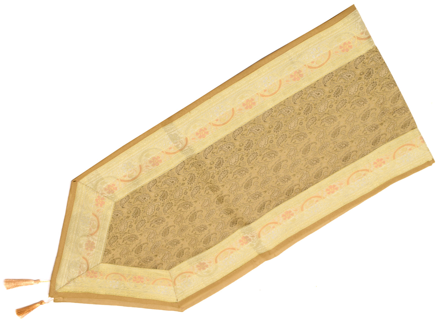 Table Runner Light Brown Indian Banarasi Silk Brocade Paisley Dining Decor Cloth