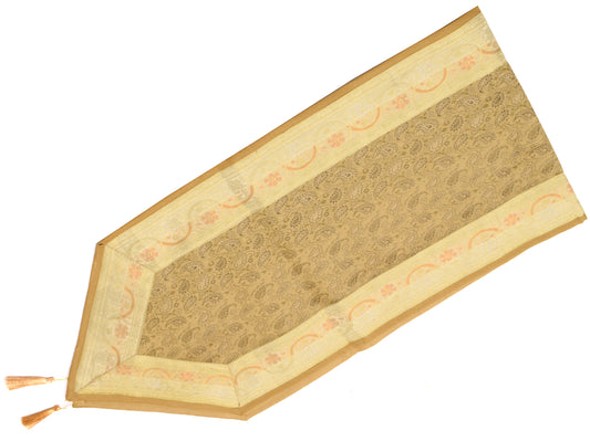 Table Runner Light Brown Indian Banarasi Silk Brocade Paisley Dining Decor Cloth