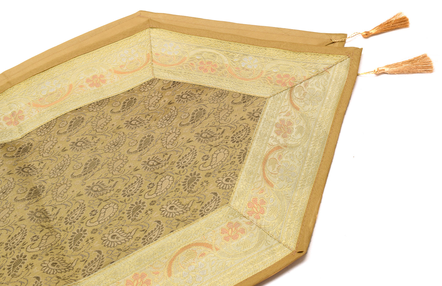 Table Runner Light Brown Indian Banarasi Silk Brocade Paisley Dining Decor Cloth