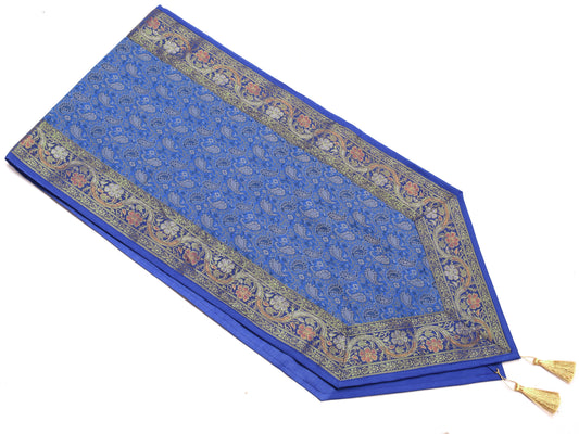 Blue Table Runner Indian Banarasi Silk Brocade Paisley Dining Home Decor Cloth