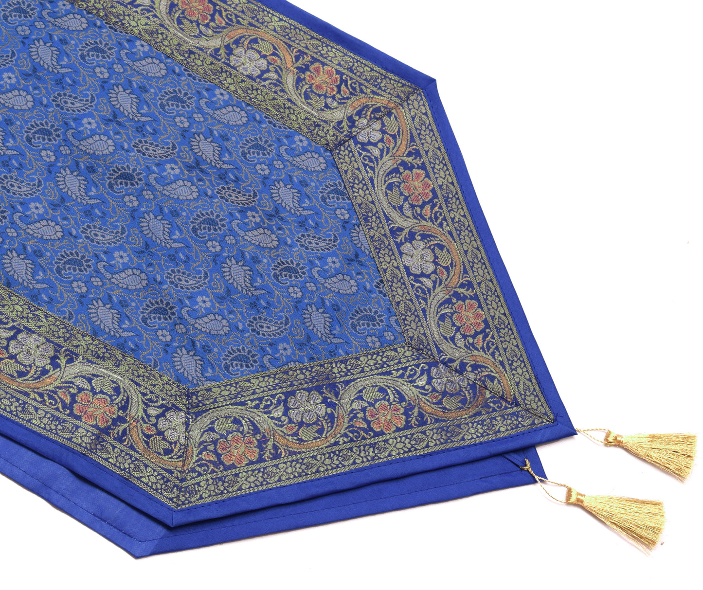 Blue Table Runner Indian Banarasi Silk Brocade Paisley Dining Home Decor Cloth