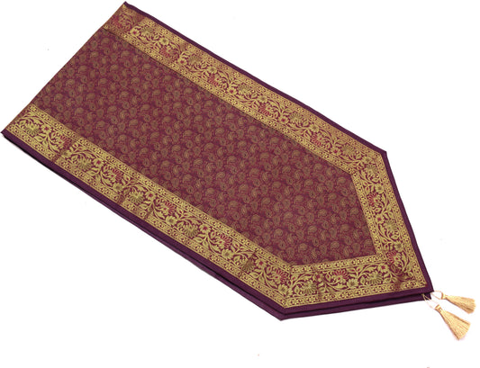 Purple Table Runner Dining Decor Indian Banarasi Silk Brocade Paisley Home Cloth
