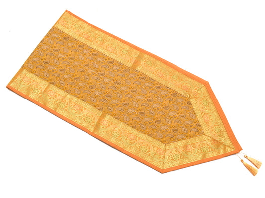 Mustard Table Runner Indian Banarasi Silk Brocade Paisley Dining Decor Cloth