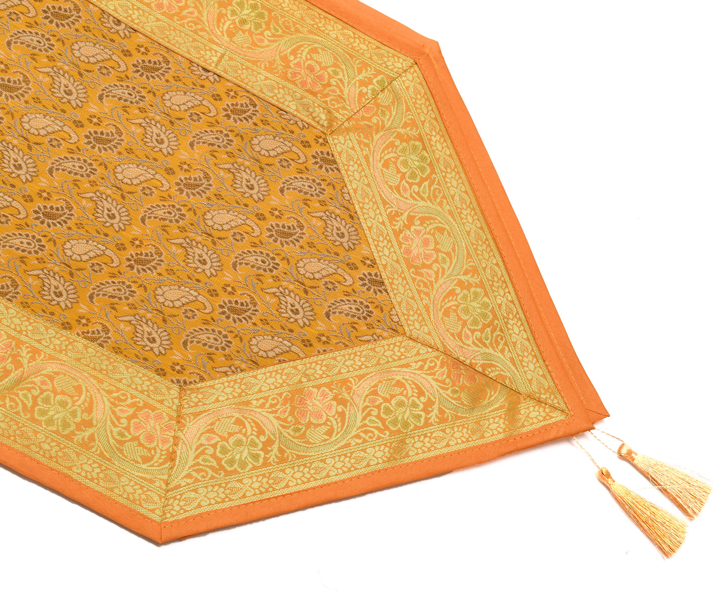 Mustard Table Runner Indian Banarasi Silk Brocade Paisley Dining Decor Cloth
