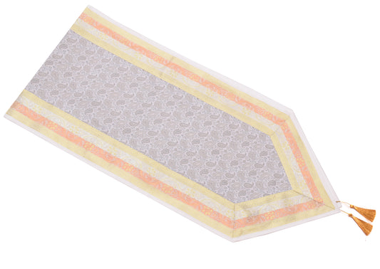 White Table Runner Indian Banarasi Silk Brocade Paisley Dining Decor Gift Cloth
