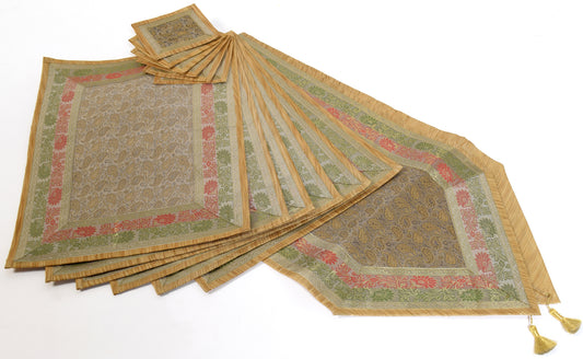 13 PC Table Runner Dining Gray Cream Indian Banarasi Silk Brocade Paisley Cloth