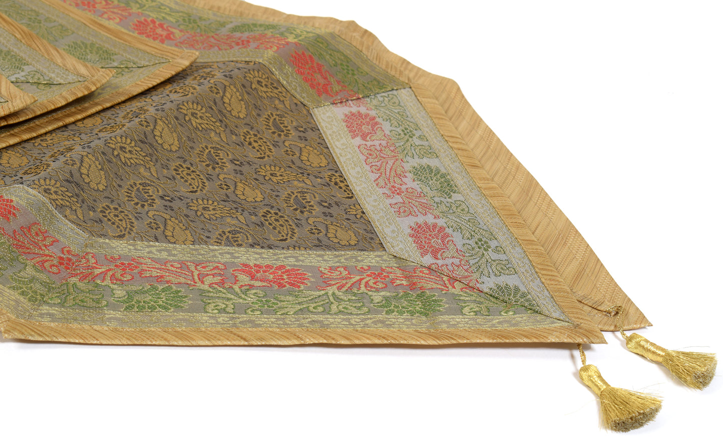 13 PC Table Runner Dining Gray Cream Indian Banarasi Silk Brocade Paisley Cloth