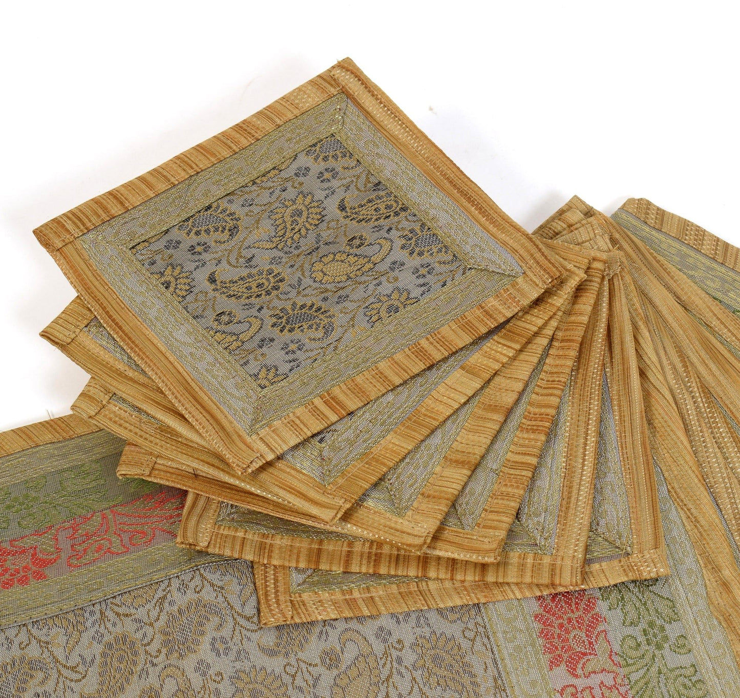 13 PC Table Runner Dining Gray Cream Indian Banarasi Silk Brocade Paisley Cloth