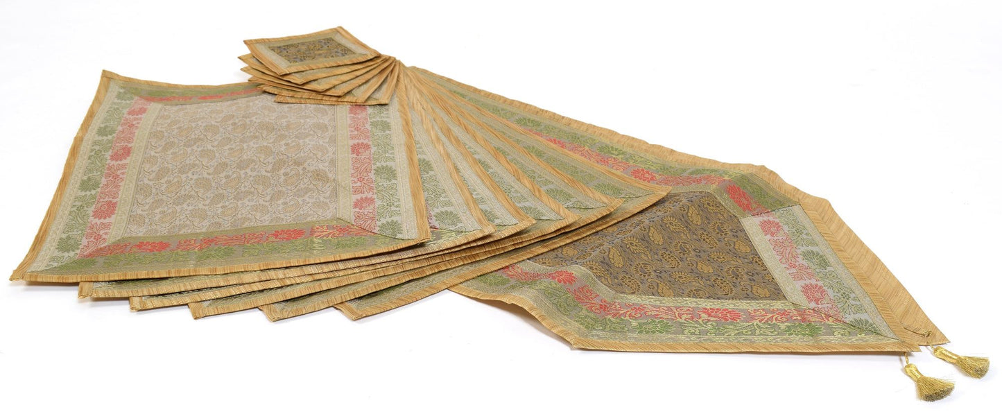 13 PC Table Runner Dining Gray Cream Indian Banarasi Silk Brocade Paisley Cloth