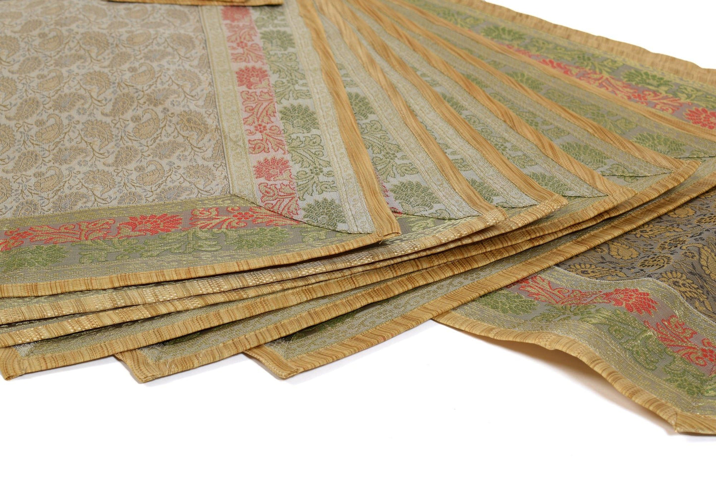 13 PC Table Runner Dining Gray Cream Indian Banarasi Silk Brocade Paisley Cloth