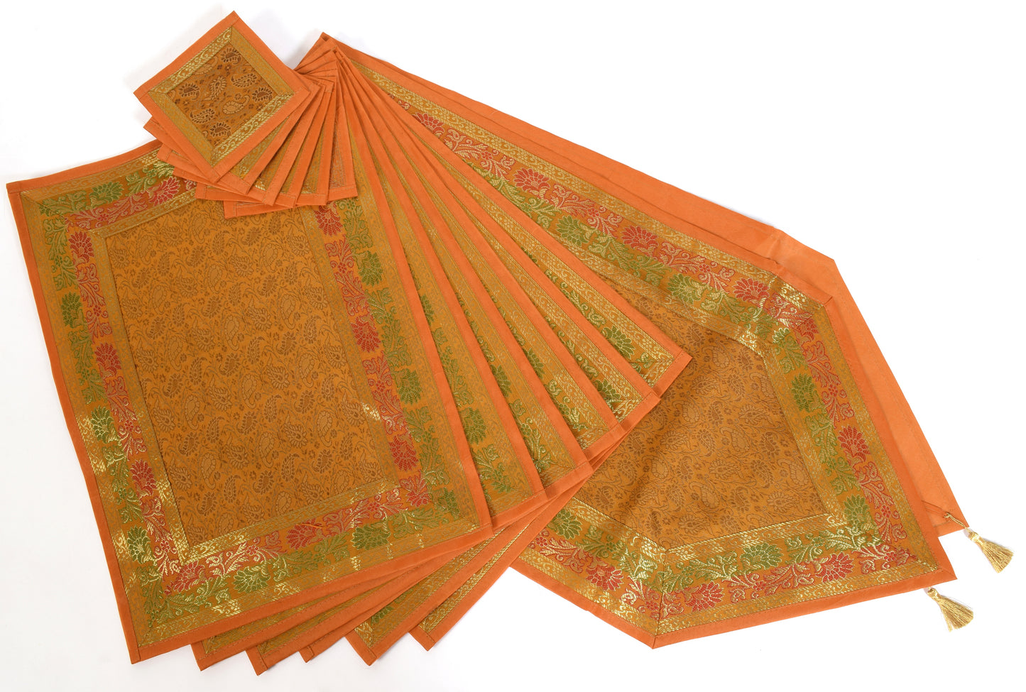 13P Table Runner Mustard Indian Banarasi Silk Brocade Paisley Dining Decor Cloth