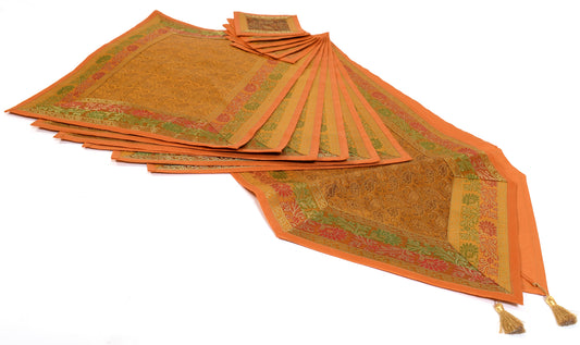 13P Table Runner Mustard Indian Banarasi Silk Brocade Paisley Dining Decor Cloth