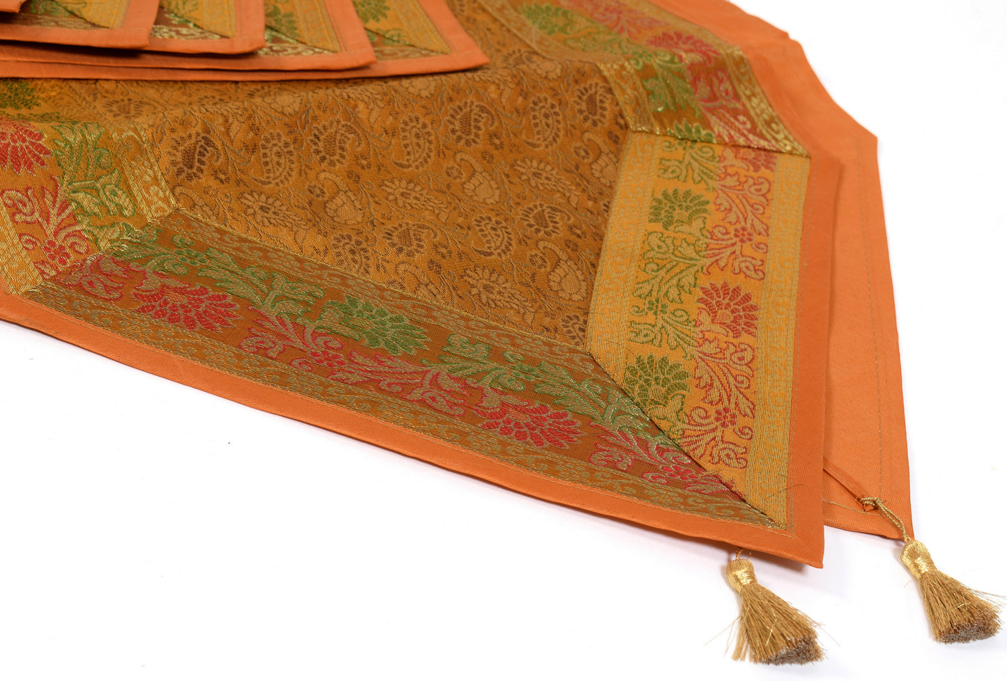 13P Table Runner Mustard Indian Banarasi Silk Brocade Paisley Dining Decor Cloth