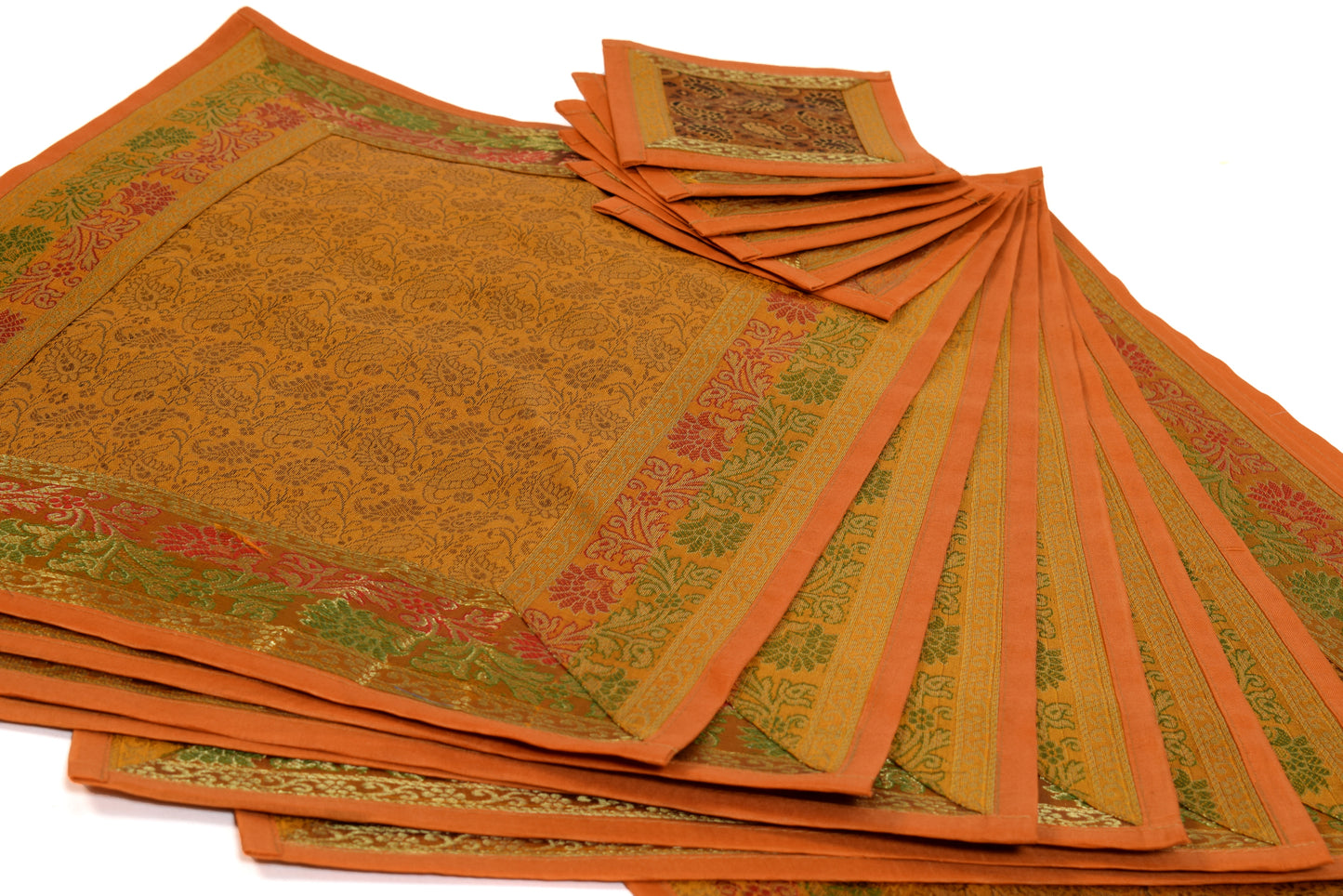 13P Table Runner Mustard Indian Banarasi Silk Brocade Paisley Dining Decor Cloth