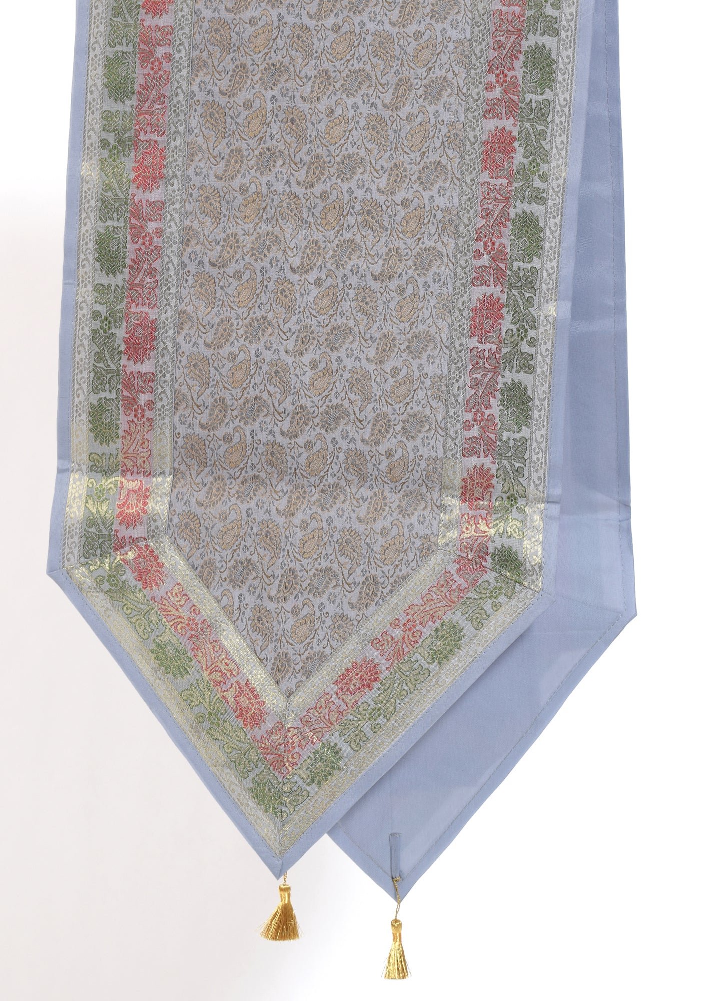 13 PC Light Gray Table Runner Indian Banarasi Silk Brocade Paisley Dining Cloth