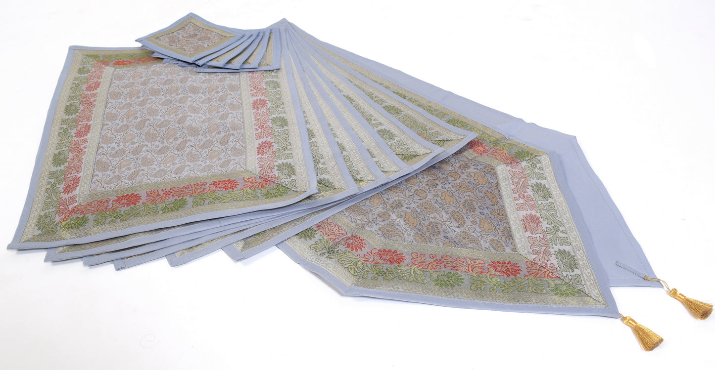 13 PC Light Gray Table Runner Indian Banarasi Silk Brocade Paisley Dining Cloth