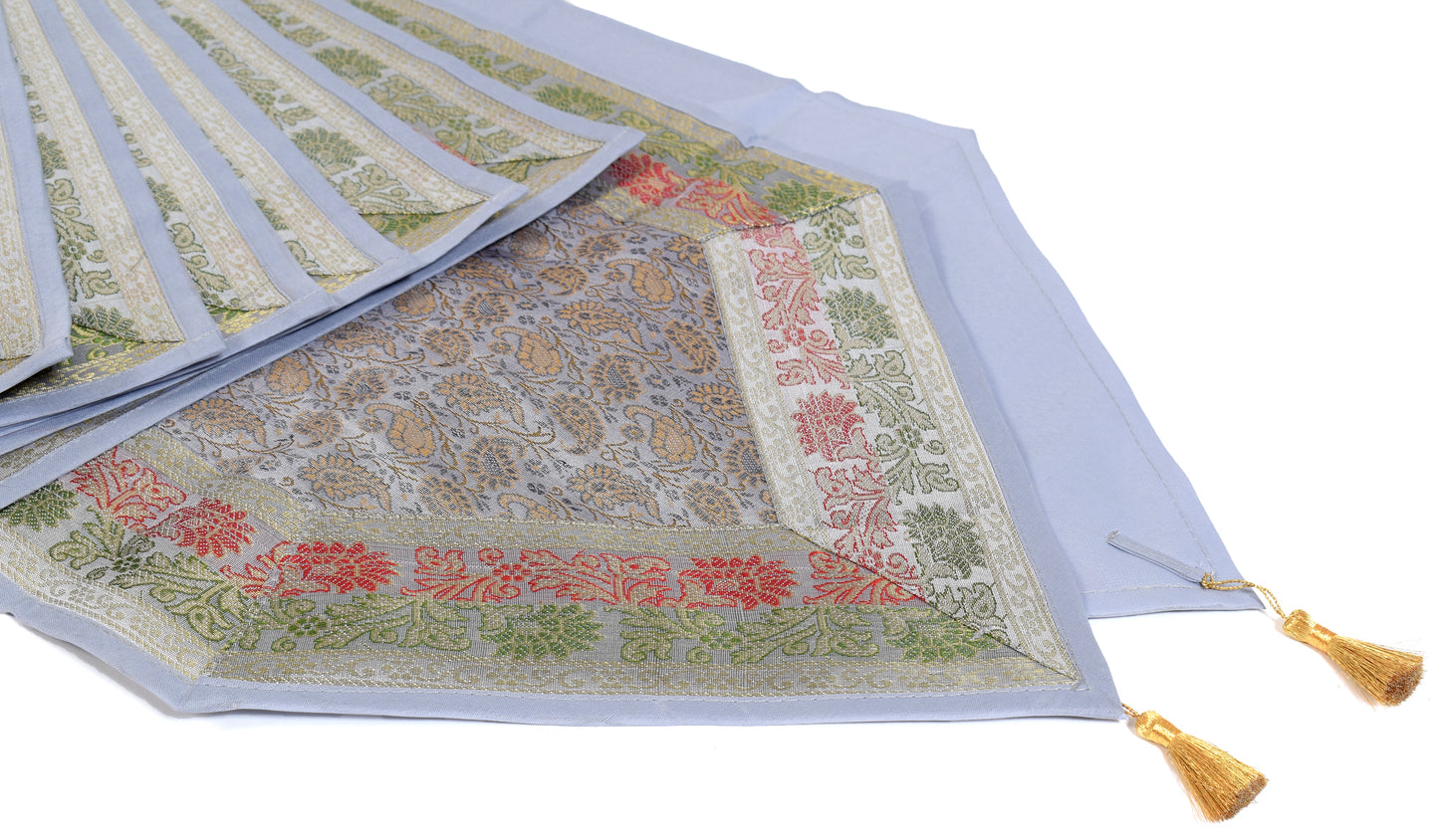 13 PC Light Gray Table Runner Indian Banarasi Silk Brocade Paisley Dining Cloth