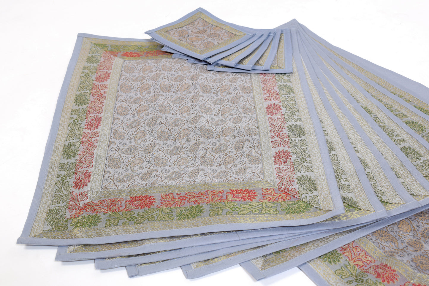 13 PC Light Gray Table Runner Indian Banarasi Silk Brocade Paisley Dining Cloth