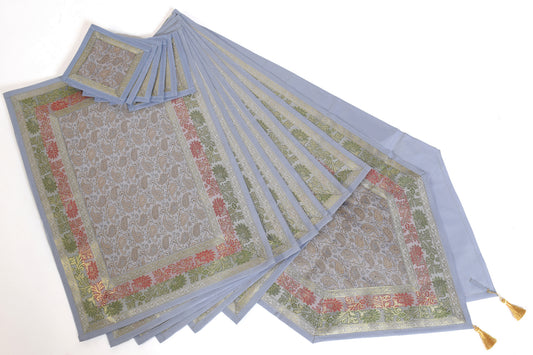 13 PC Light Gray Table Runner Indian Banarasi Silk Brocade Paisley Dining Cloth
