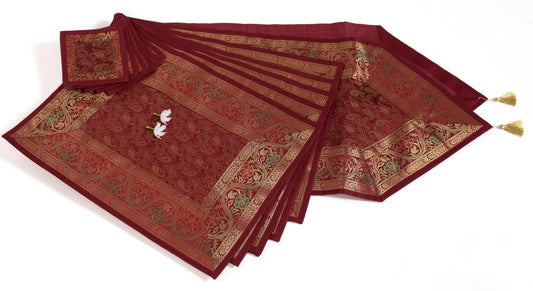 13PC Maroon Table Runner Dining Decor Banarasi Silk Brocade Paisley Indian Cloth