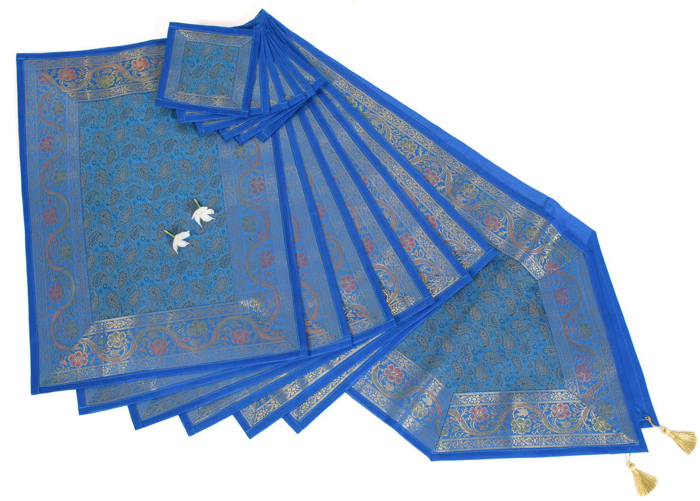 13 PC Blue Table Runner Dining Decor Banarasi Silk Brocade Paisley Gift Cloth