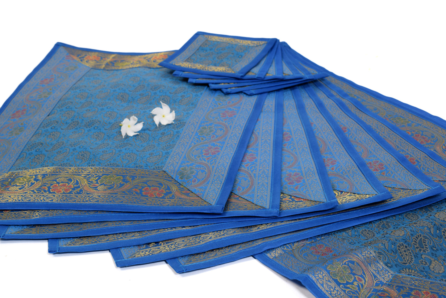13 PC Blue Table Runner Dining Decor Banarasi Silk Brocade Paisley Gift Cloth