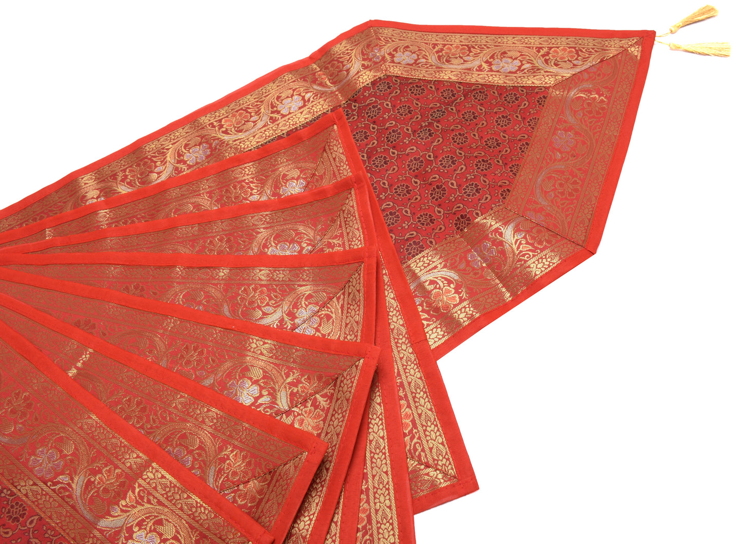 13 PC Red Table Runner Indian Banarasi Silk Brocade Paisley Dining Decor Cloth