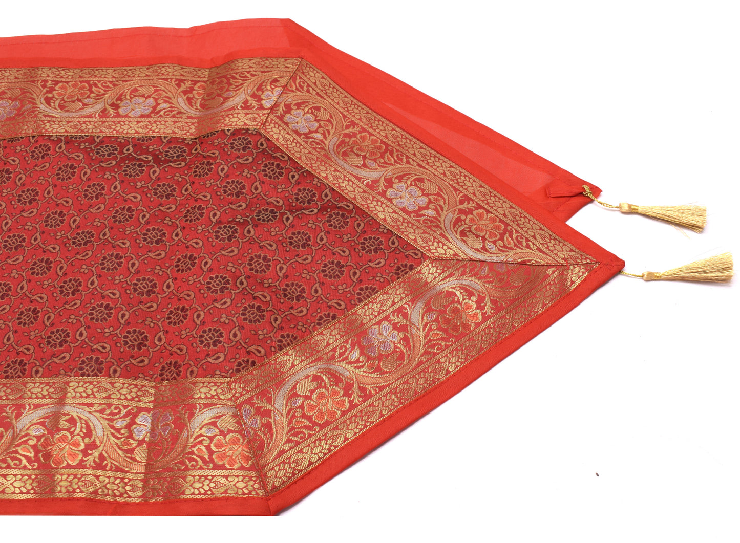 13 PC Red Table Runner Indian Banarasi Silk Brocade Paisley Dining Decor Cloth