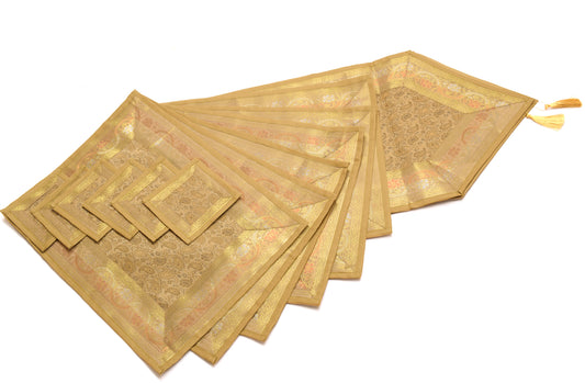 13 PC Table Runner Dining Decor Indian Banarasi Silk Brocade Paisley Brown Cloth