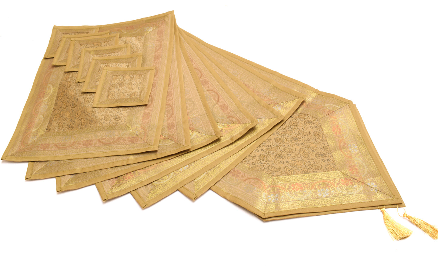 13 PC Table Runner Dining Decor Indian Banarasi Silk Brocade Paisley Brown Cloth