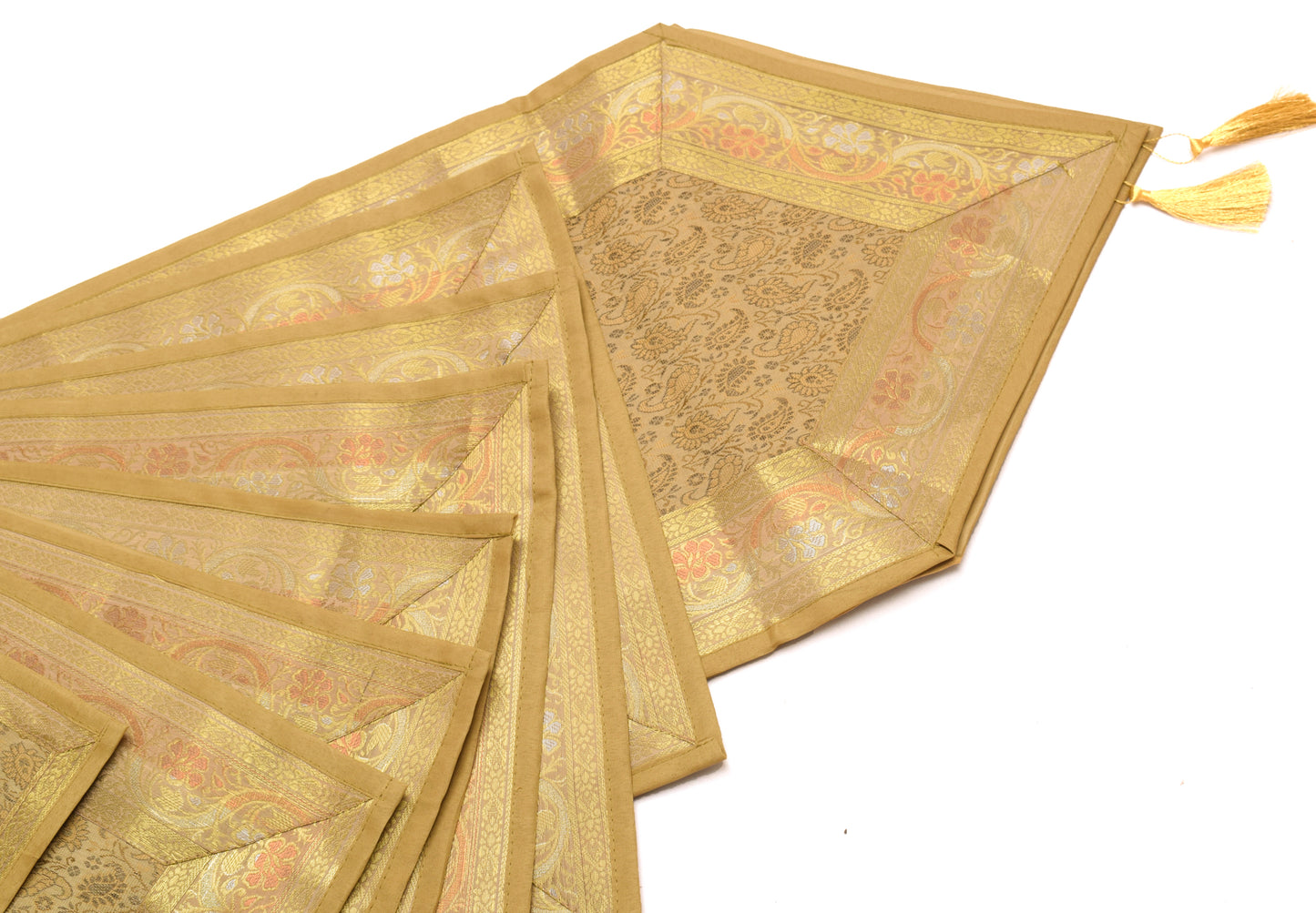 13 PC Table Runner Dining Decor Indian Banarasi Silk Brocade Paisley Brown Cloth