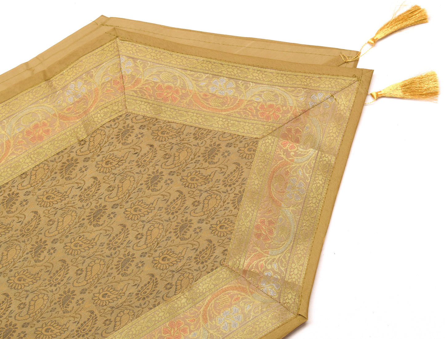 13 PC Table Runner Dining Decor Indian Banarasi Silk Brocade Paisley Brown Cloth