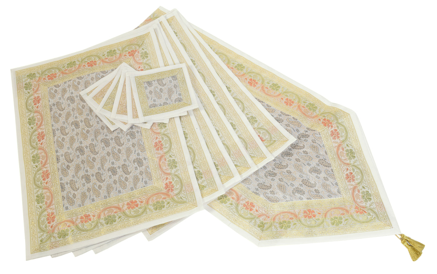 13 PC Table Runner White Indian Banarasi Silk Brocade Paisley Decor Dining Cloth