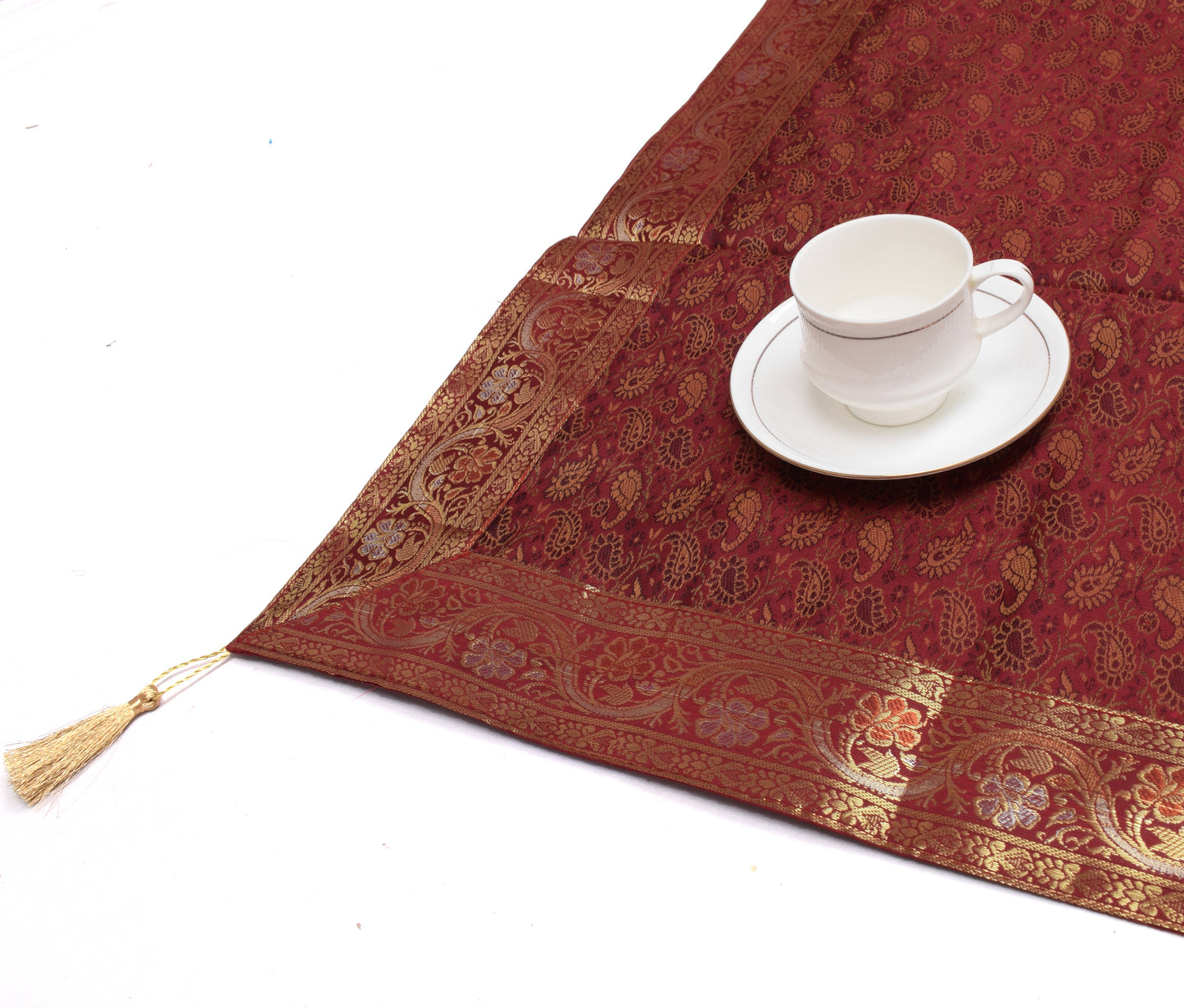 48 Sq Dining Table Top Cover Indian Banarasi Silk Woven Paisley Cloth Maroon