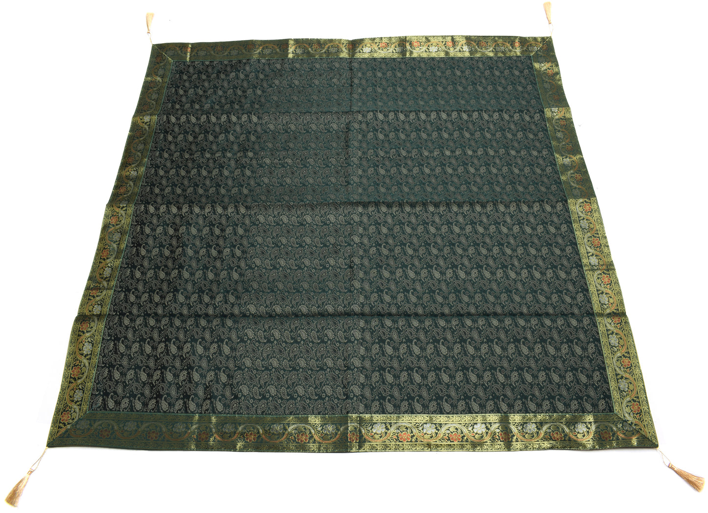 48 Sq Dining Table Top Cover Banarasi Silk Woven Paisley Homedecor Cloth Green