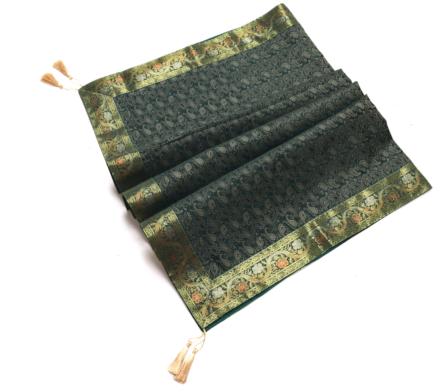 48 Sq Dining Table Top Cover Banarasi Silk Woven Paisley Homedecor Cloth Green