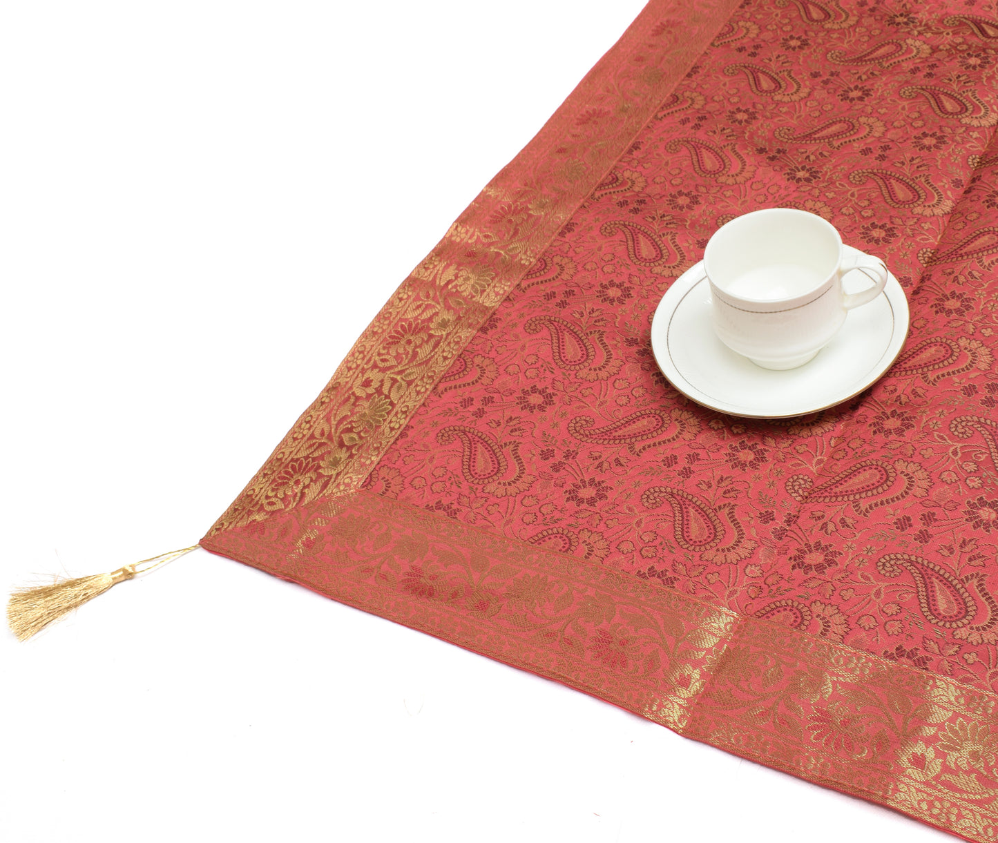 48 Square Dining Table Top Cover Indian Banarasi Silk Woven Paisley Peach Cloth