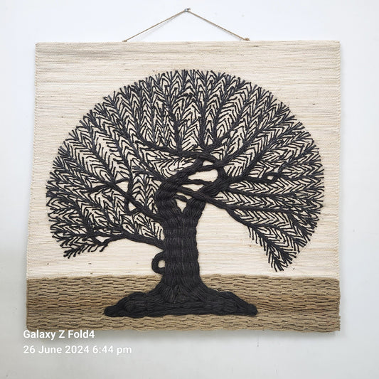 Vintage Large Jute Wall Hanging Hand Made Indian Tapestry 3D Tree of Life Cream