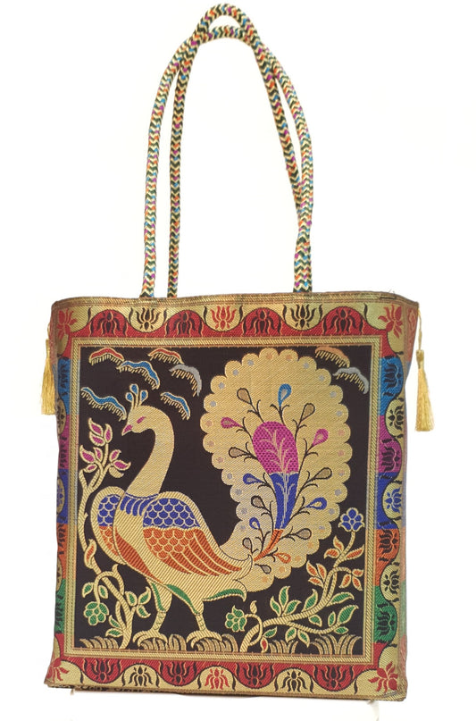 Black Handbag Indian Ethnic Peacock Woven Zari Brocade Fabric Shoulder Hand Bag
