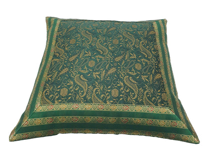 Banarasi Cushion Covers 16x16 Inch Bottle Green Woven Zari Brocade Silk Paisley