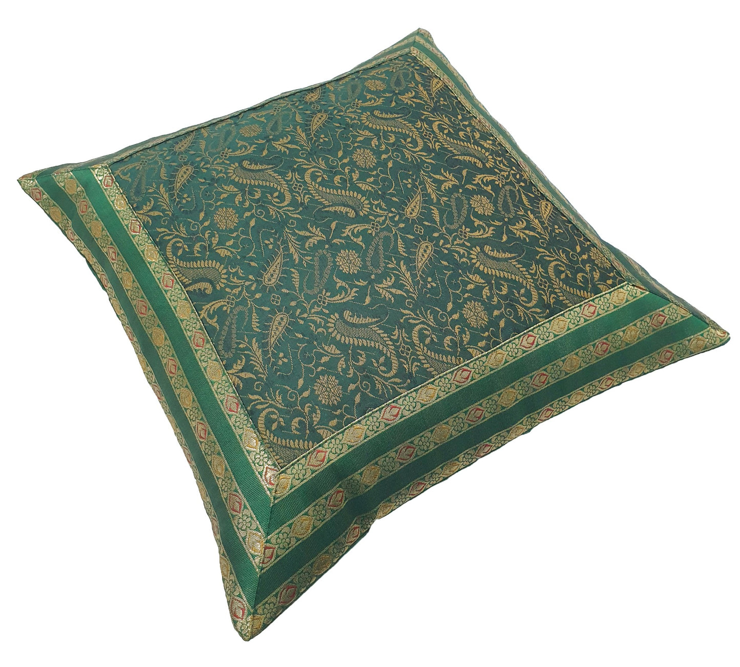 Banarasi Cushion Covers 16x16 Inch Bottle Green Woven Zari Brocade Silk Paisley