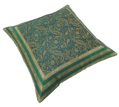 Banarasi Cushion Covers 16x16 Inch Bottle Green Woven Zari Brocade Silk Paisley