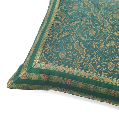 Banarasi Cushion Covers 16x16 Inch Bottle Green Woven Zari Brocade Silk Paisley